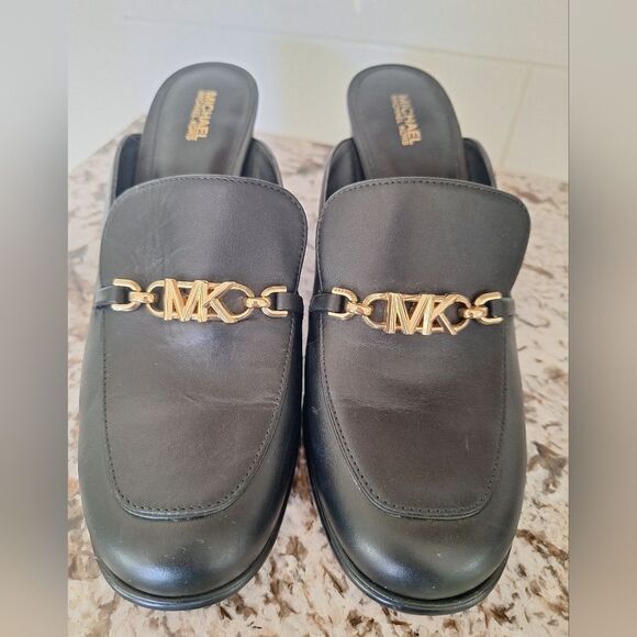 Michael Kors Tiffanie Black Leather Heel Mules Size 9.5 - Picture 1 of 10